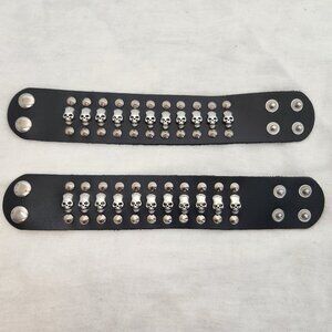 2 Pair Studded Gothic Skull Wrist Bracelets Faux Leather